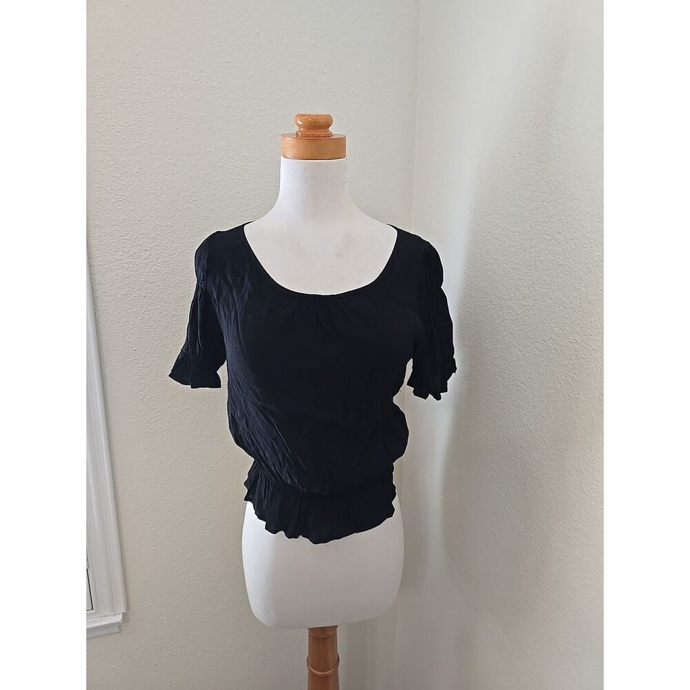 For LOVE & LEMONS Puff Sleeve Blouse Womens Xs Black Keyhole Top Viscose
